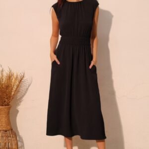 Matte Crepe Ruched Elastic Midi Dress -60159a