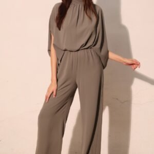 Textured Solid Mock Neck Caftan Jumpsuit -60167a