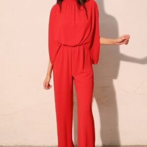 Textured Solid Mock Neck Caftan Jumpsuit -60167b