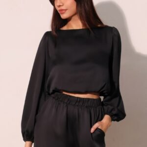 Hammered Satin Long Sleeve Crop Top -60172a