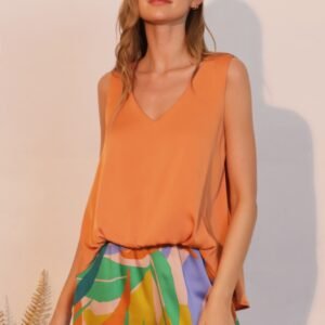 Washed Poly Silk Front Tucked Top -60178