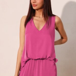 Washed Poly Silk Front Tucked Top -60178a