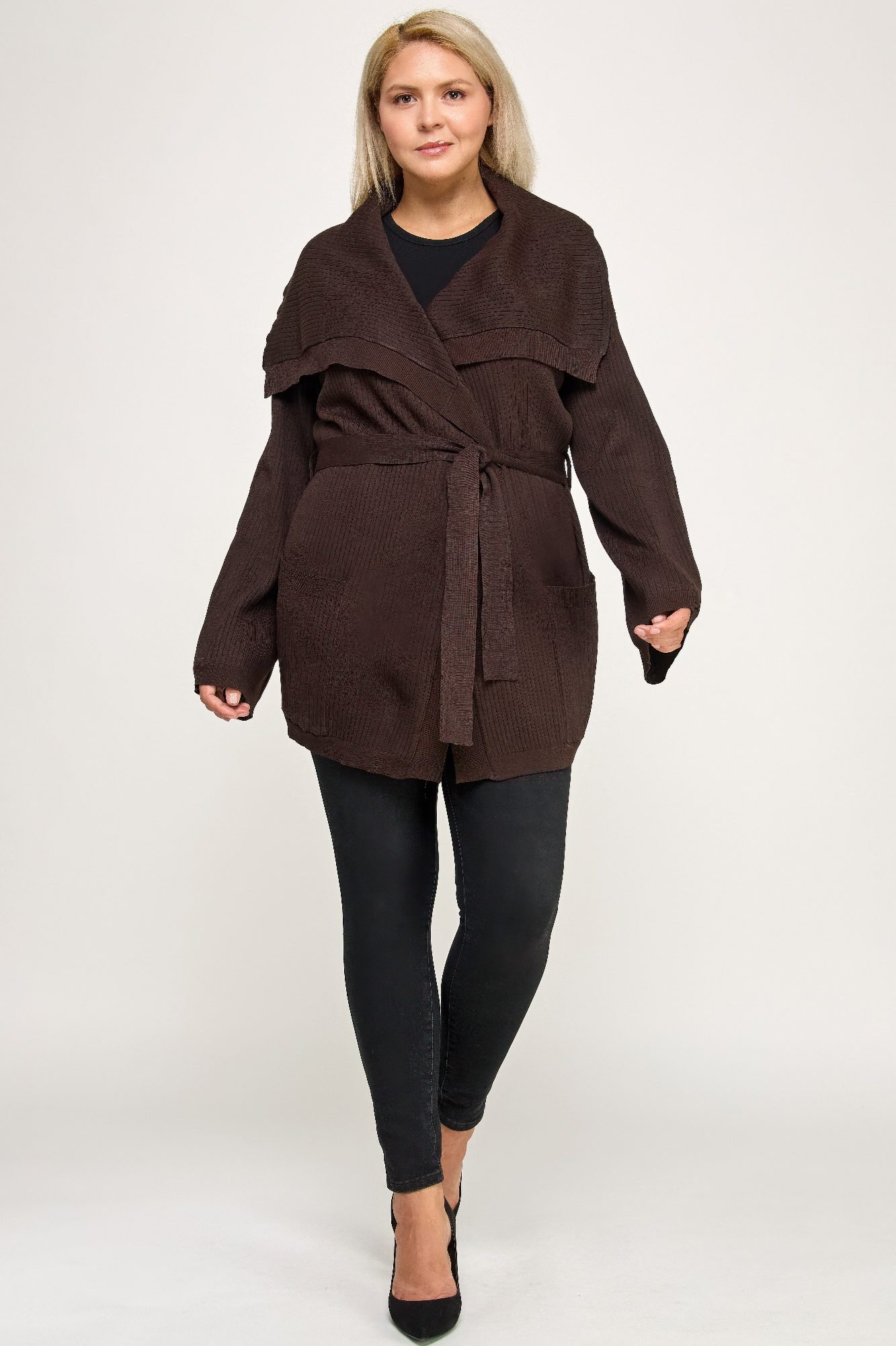 Plus Size Ribbed Wrap Cardigan With Waist Belt -60200