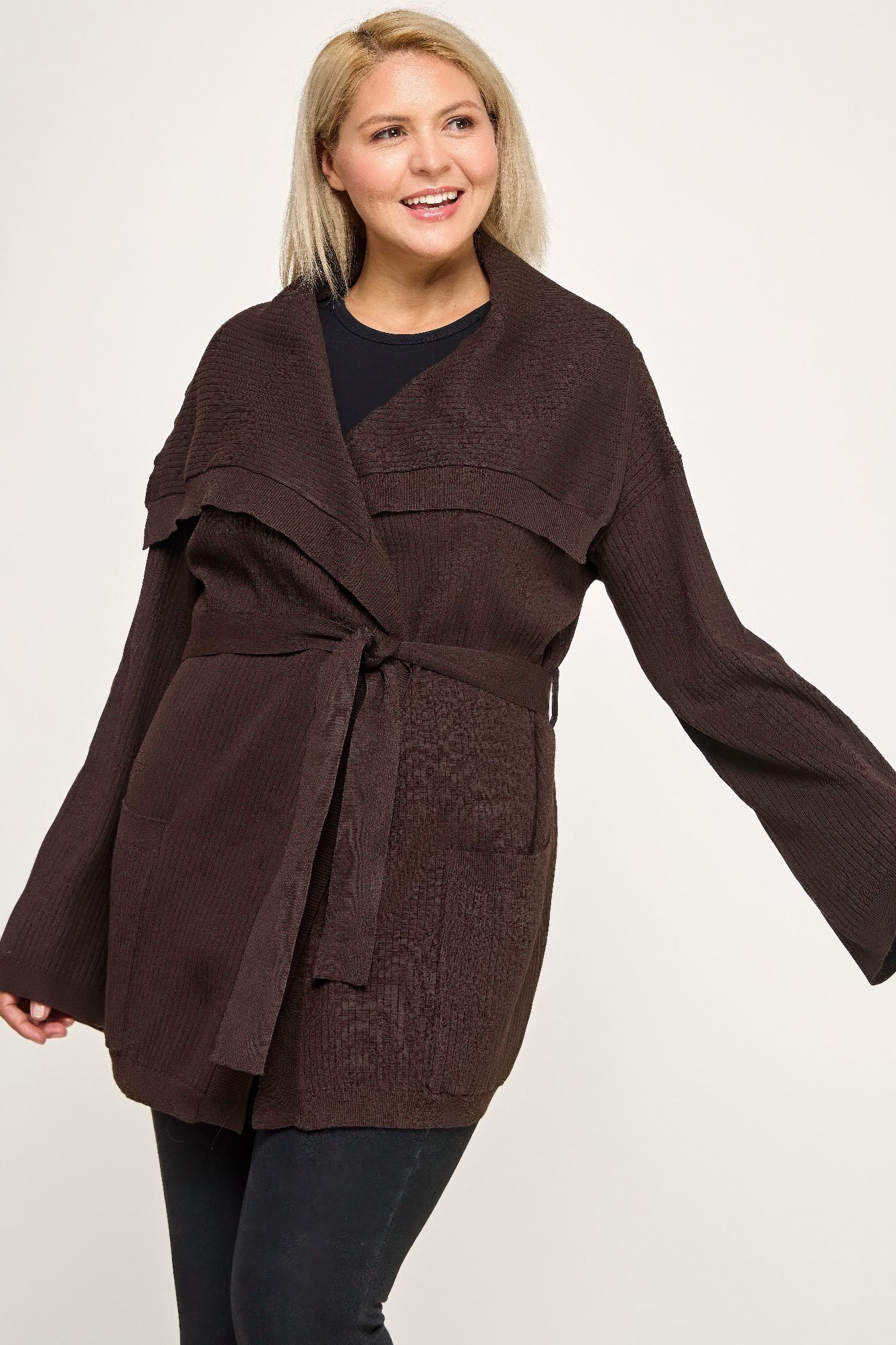 Plus Size Ribbed Wrap Cardigan With Waist Belt -60200