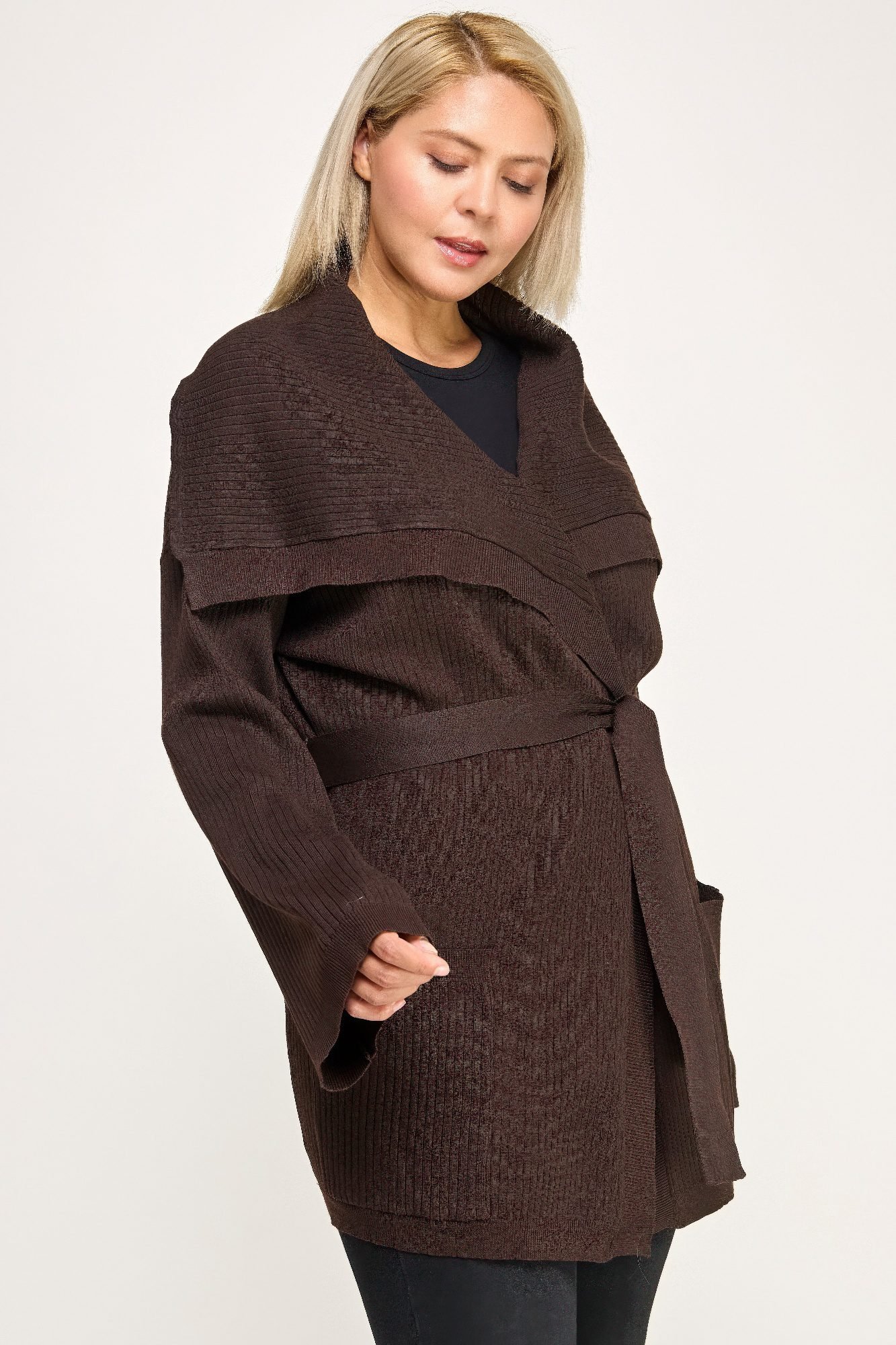 Plus Size Ribbed Wrap Cardigan With Waist Belt -60200