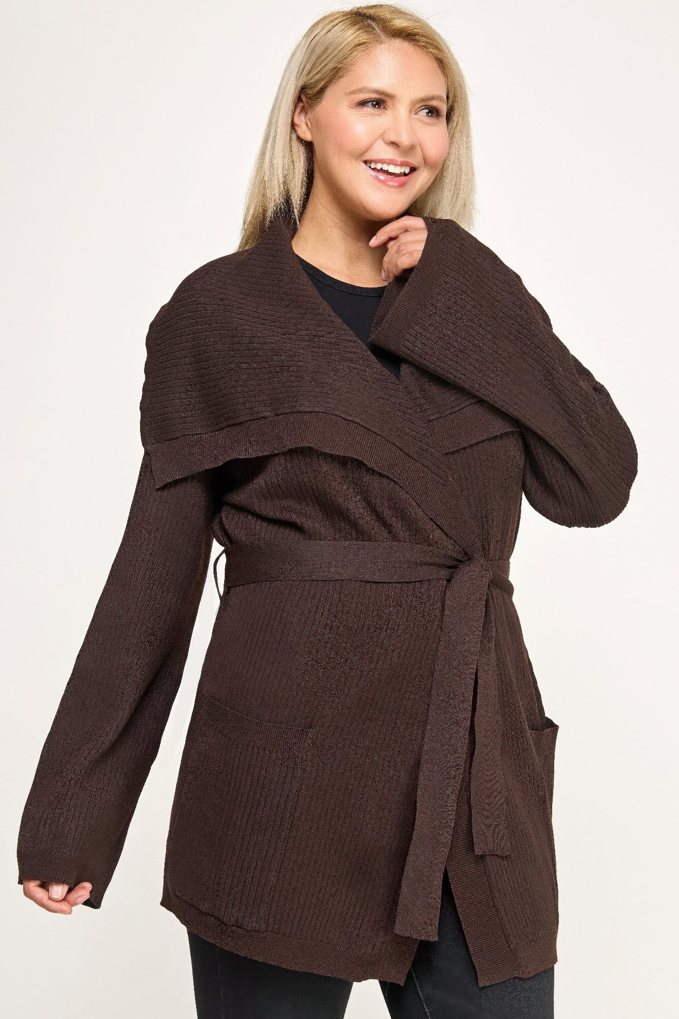 Plus Size Ribbed Wrap Cardigan With Waist Belt -60200