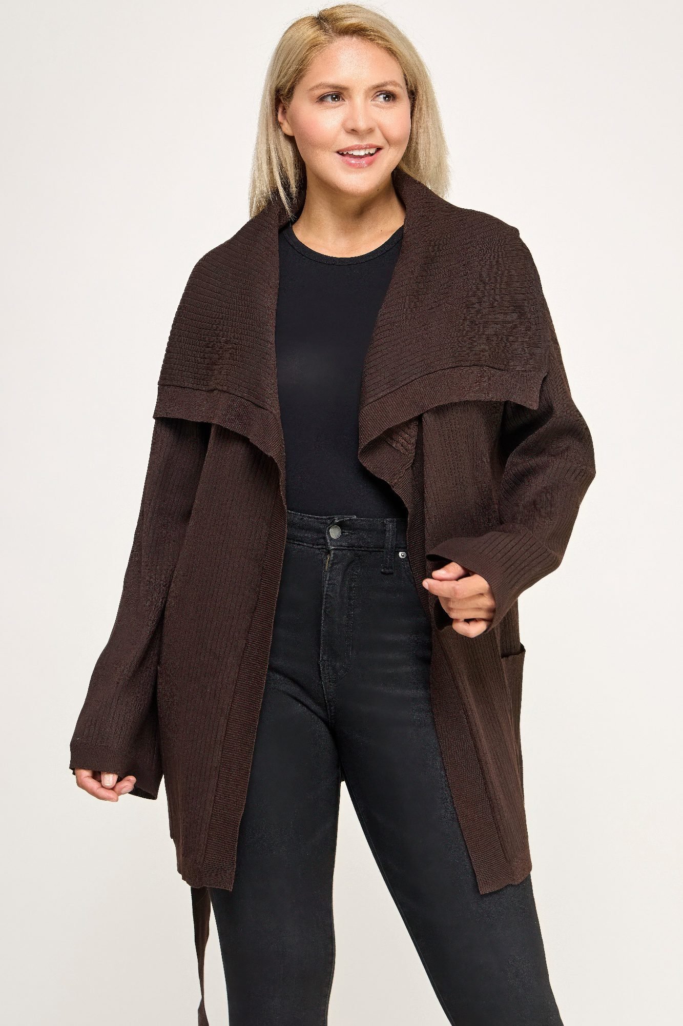 Plus Size Ribbed Wrap Cardigan With Waist Belt -60200