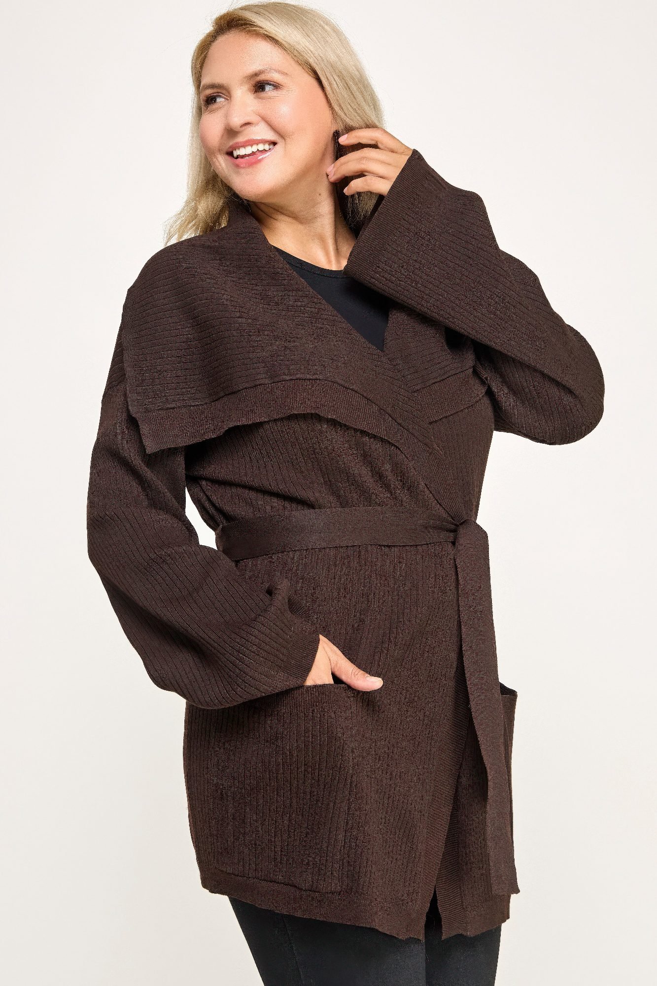 Plus Size Ribbed Wrap Cardigan With Waist Belt -60200