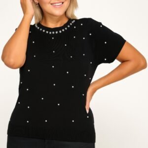 Plus Size Pearl & Rhinestone Knit Sweater Top -60202a
