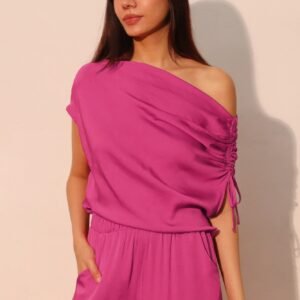 Washed Poly Silk Asymmetrical Drawstring Top -60207