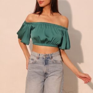 Washed Poly Silk Bubble Sleeve Crop Top -60221