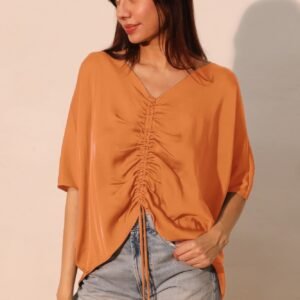 Washed Poly Silk Drawstring Dolman Top -60222b