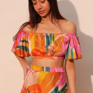 Isla Tropical Satin Bubble Sleeve Crop Top -60223a