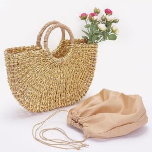 Metallic Faux Straw Tote Bag W Pouch