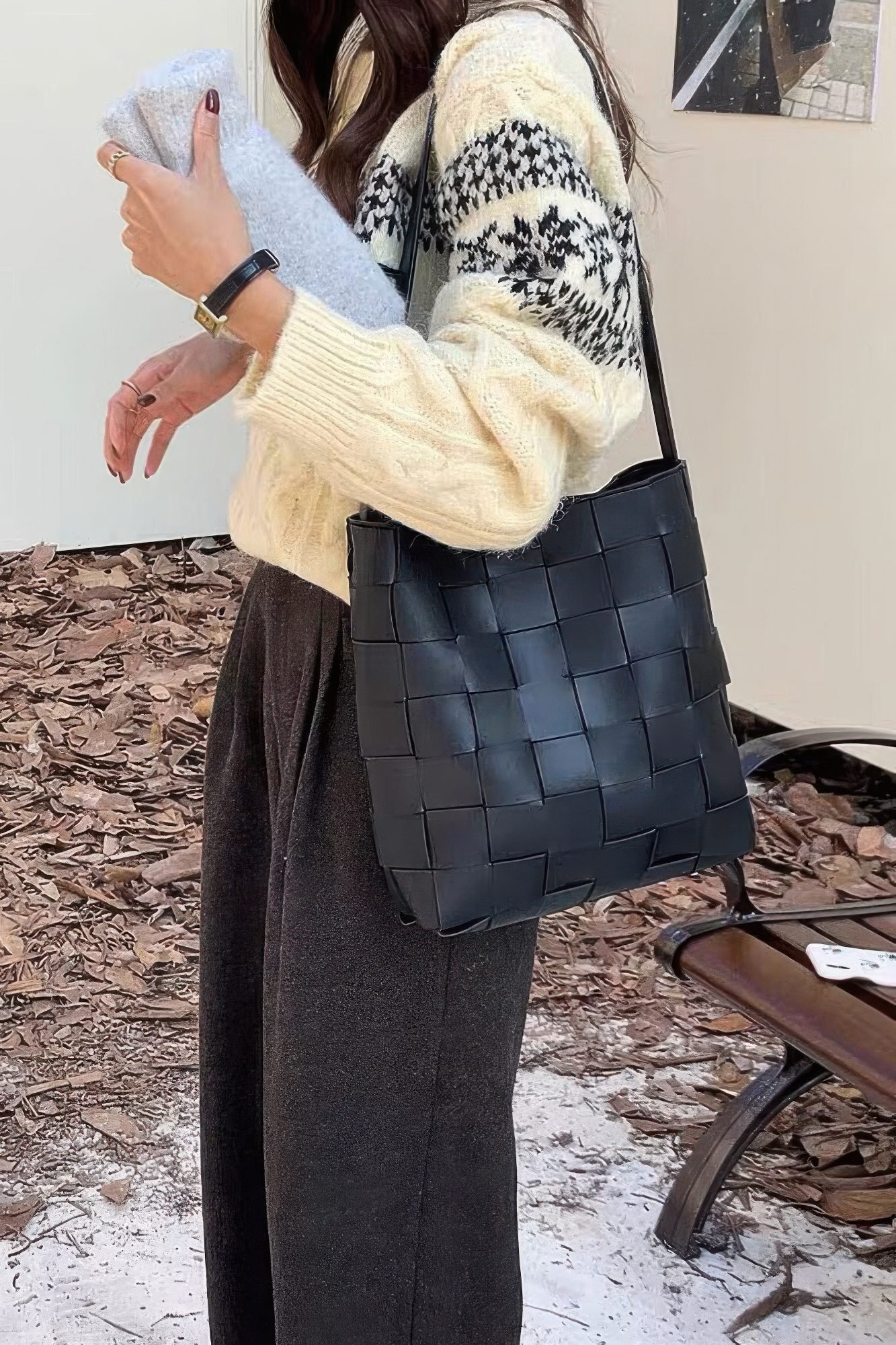 Faux Leather Braided Shoulder Bag W Pouch