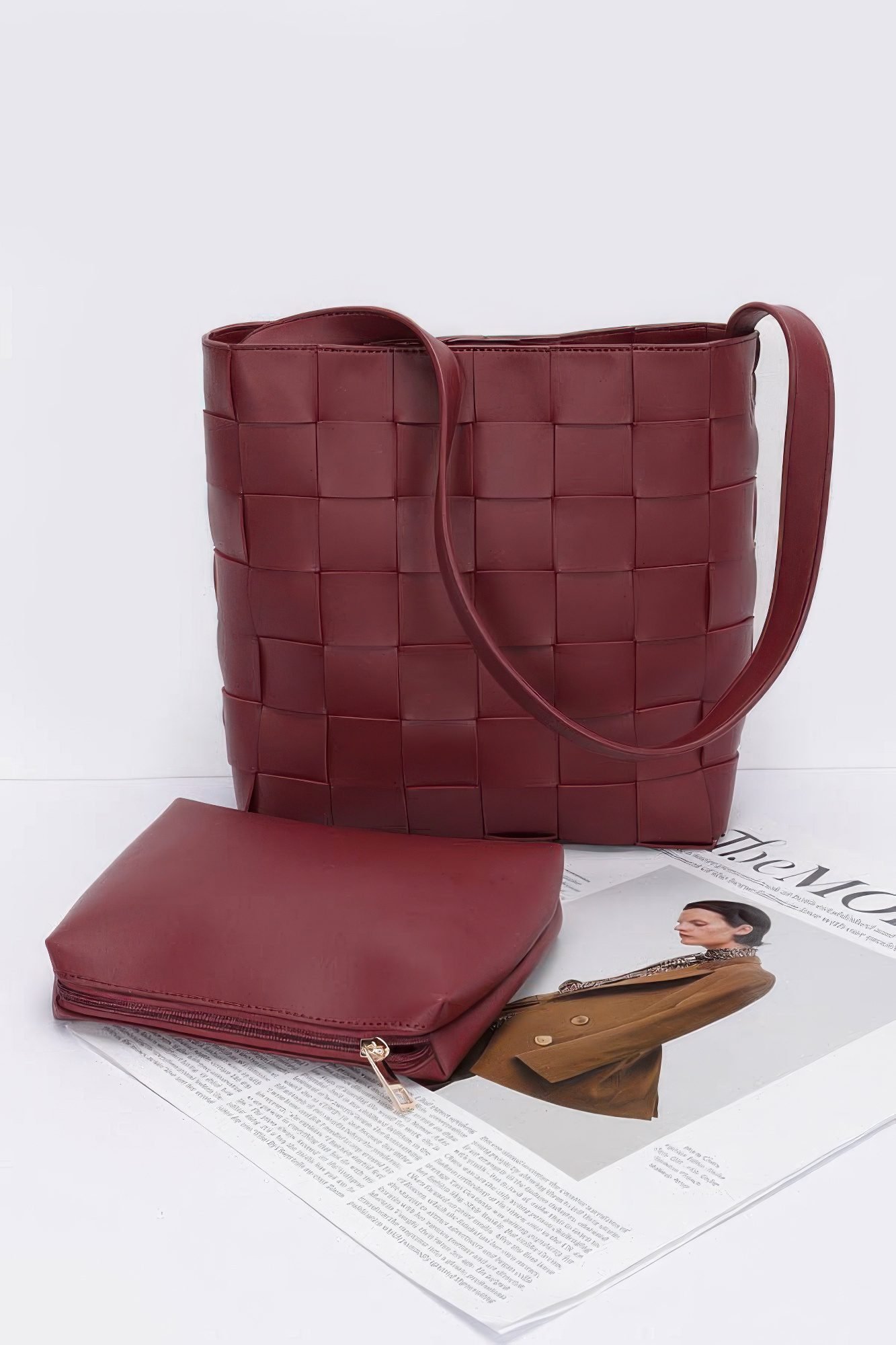 Faux Leather Braided Shoulder Bag W Pouch