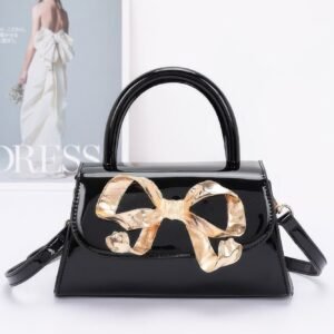 Faux Leather Metal Ribbon Top Handle Bag