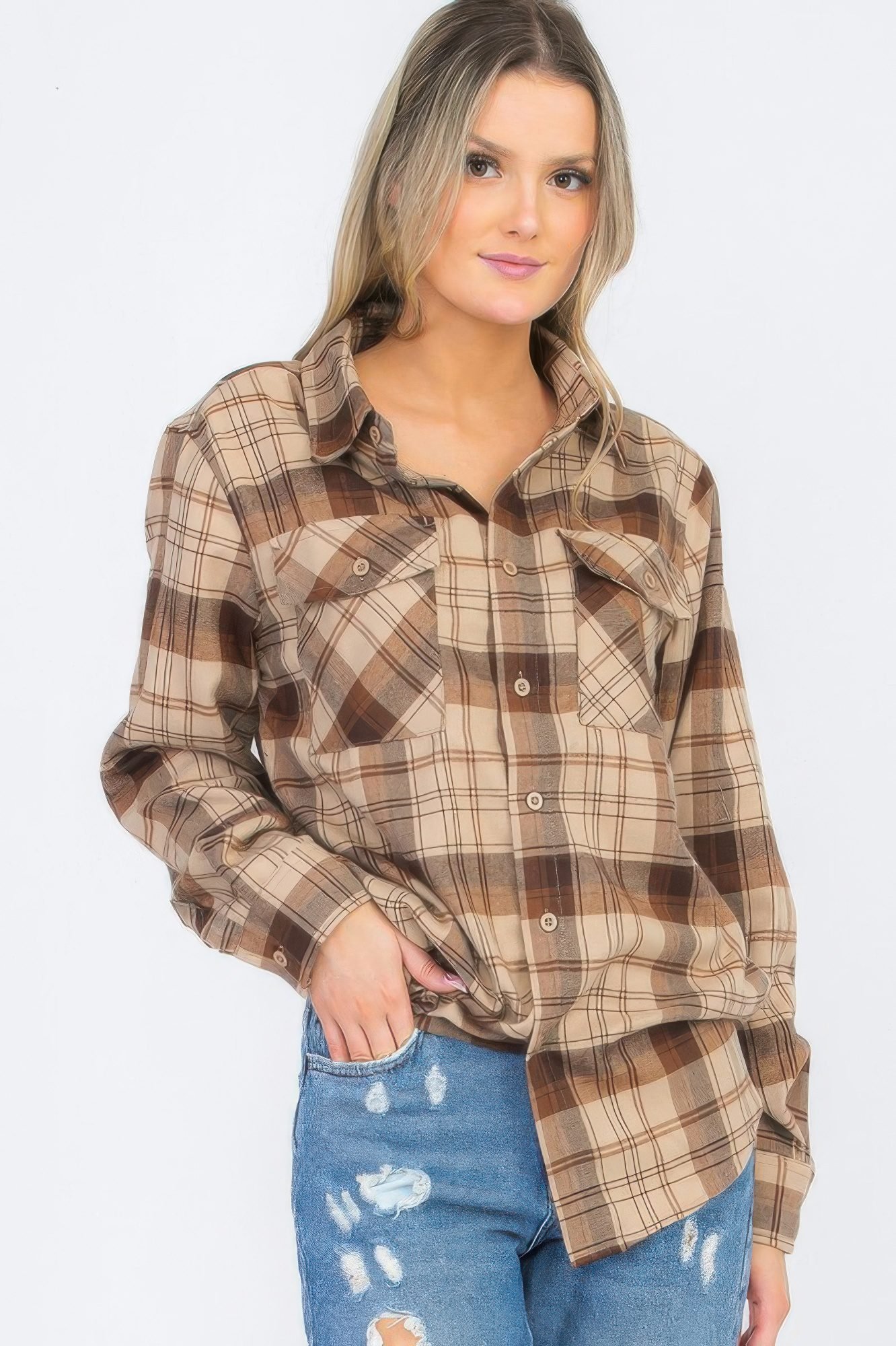 Womens Boyfriend Long Sleeve Checkered Flannel