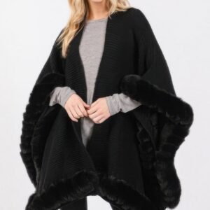 Faux Fur Trim Cape With Closure - Black, One Size