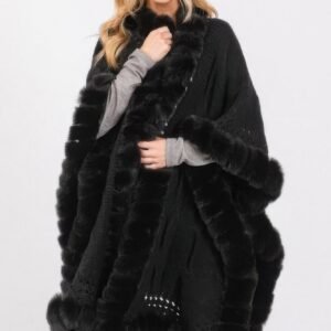 Faux Fur Collar And Trim Cape With Closure - Ivory, One Size