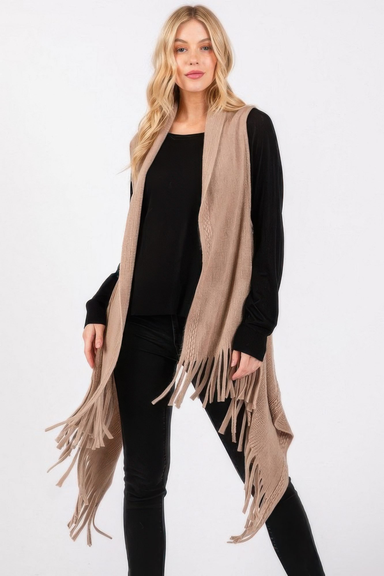 Embossed Dotted Line Tassel Knit Vest