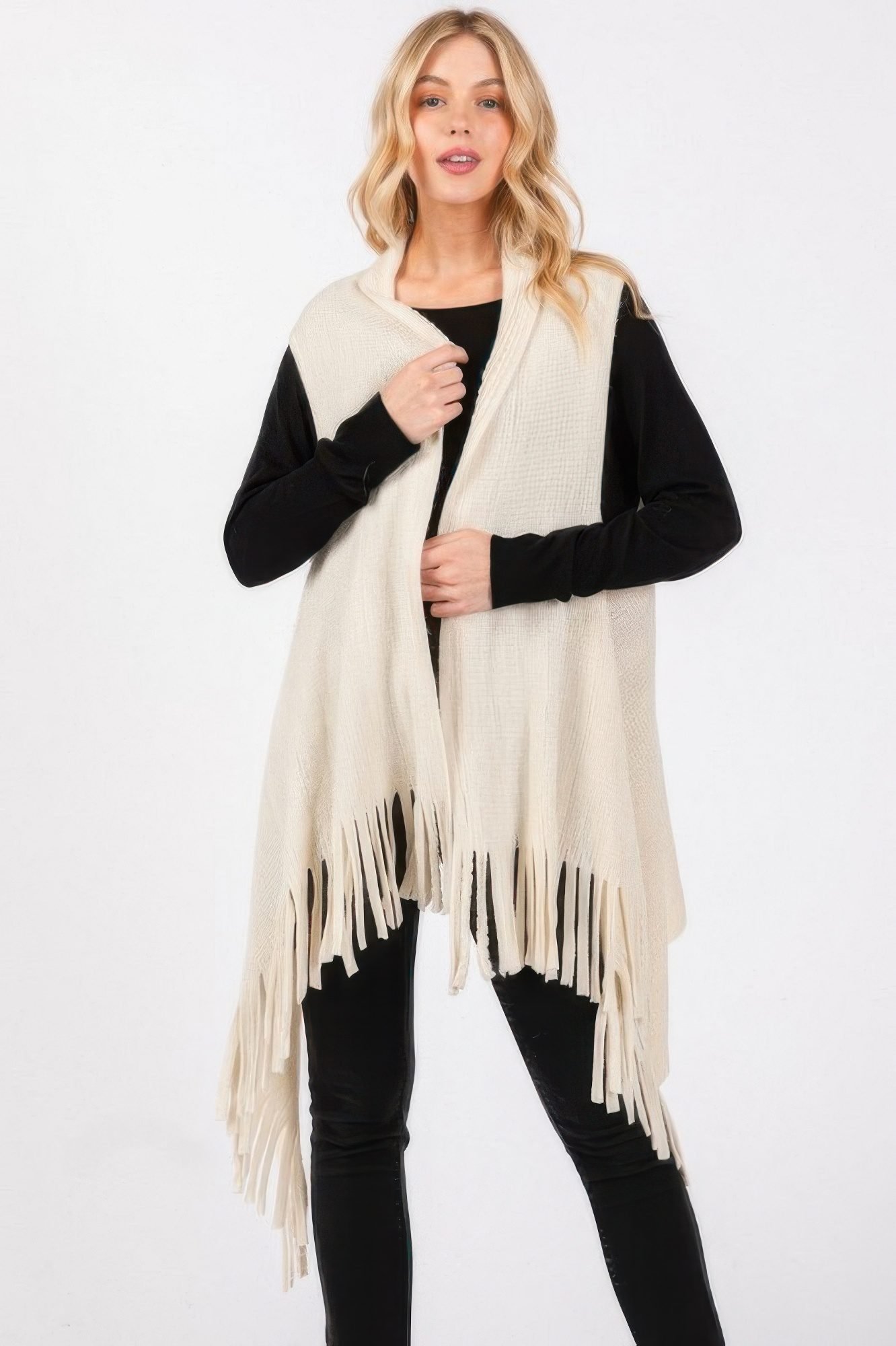 Embossed Dotted Line Tassel Knit Vest