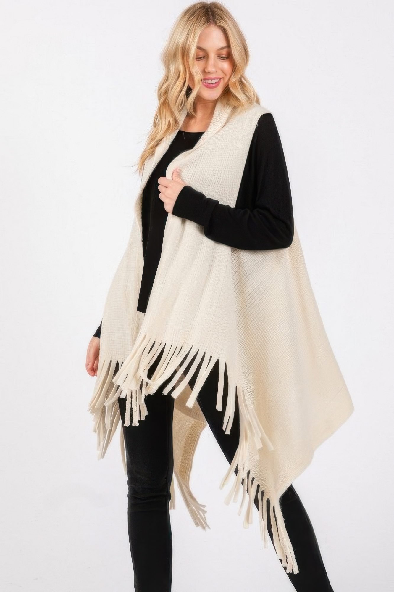 Embossed Dotted Line Tassel Knit Vest