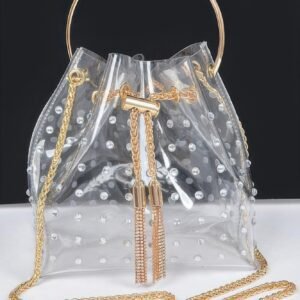 Faux Pearl Studded Bucket Bag W/metal Handle
