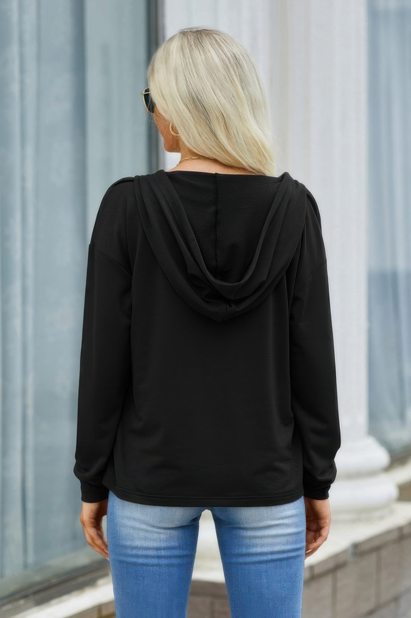 Solid Lace Trim Long Sleeve Loose Hoodie