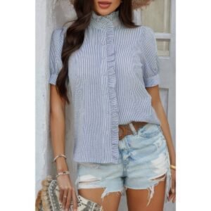 Strip Button Down Ruffle Hem Puff Short Sleeve Shirt