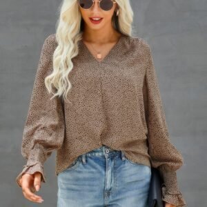 V Neck Dalmatian Print Bishop Sleeve Blouse