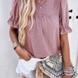 Round Neck Embroidery Ruffle Sleeve Loose Fit Shirt