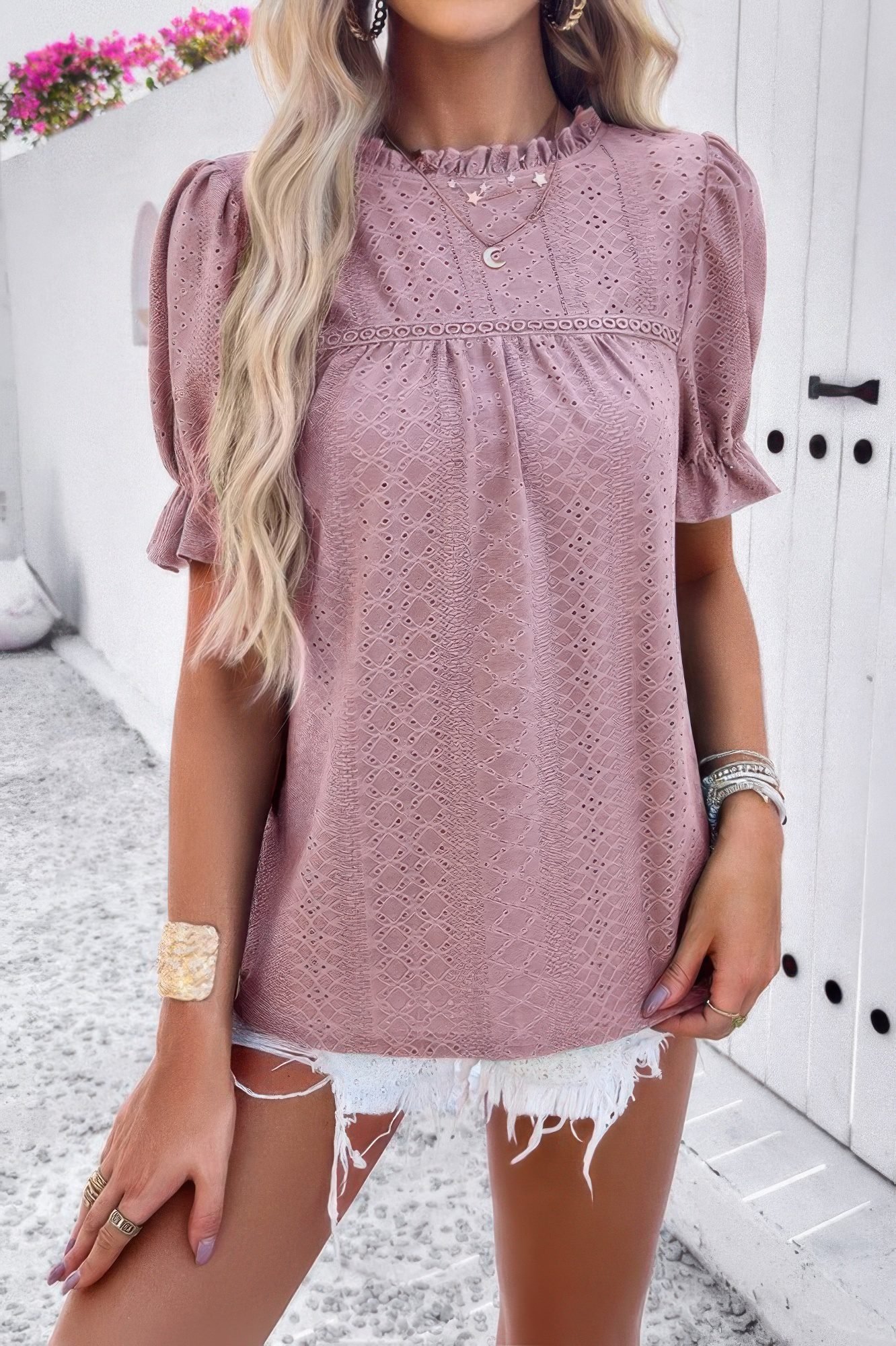 Round Neck Embroidery Ruffle Sleeve Loose Fit Shirt