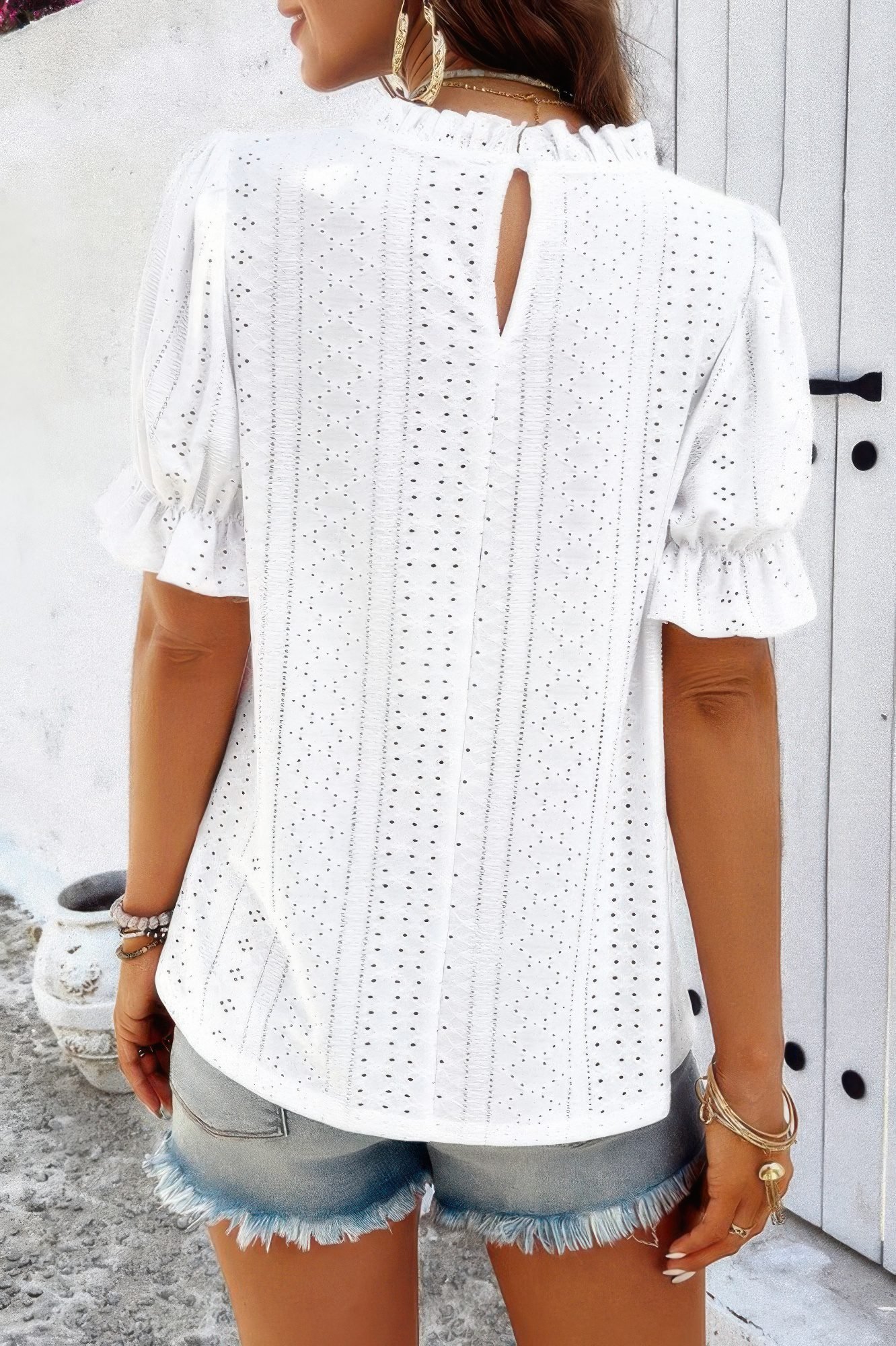 Round Neck Embroidery Ruffle Sleeve Loose Fit Shirt