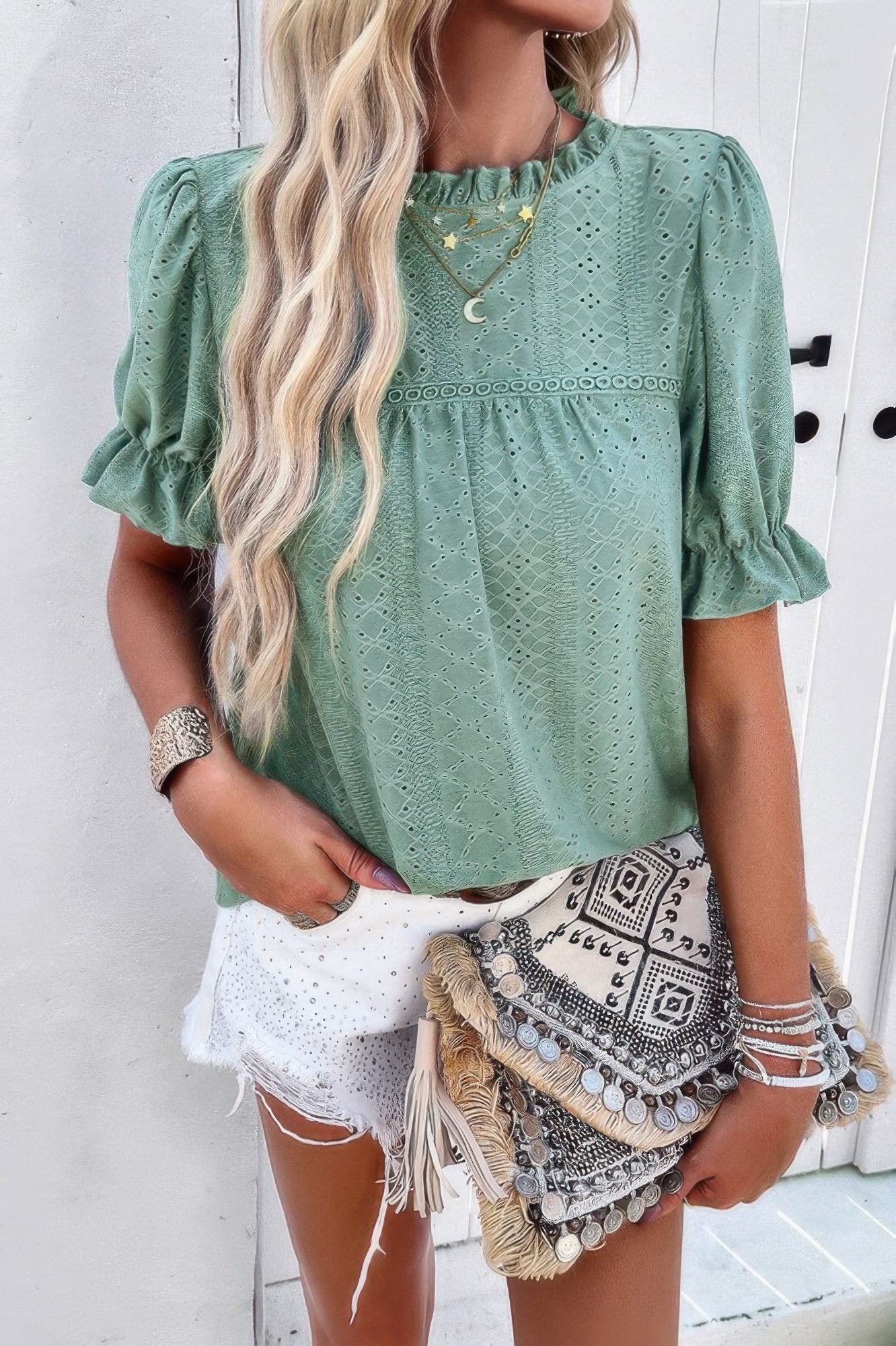 Round Neck Embroidery Ruffle Sleeve Loose Fit Shirt