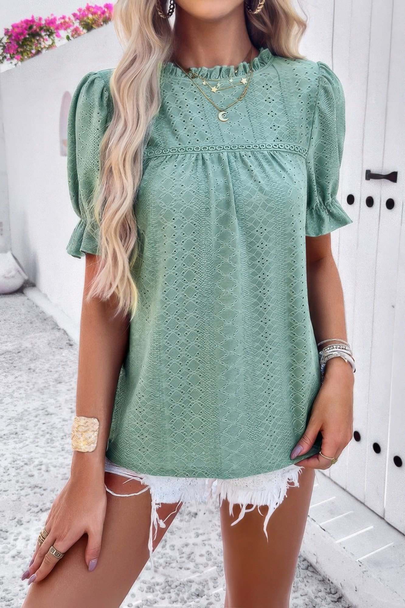 Round Neck Embroidery Ruffle Sleeve Loose Fit Shirt