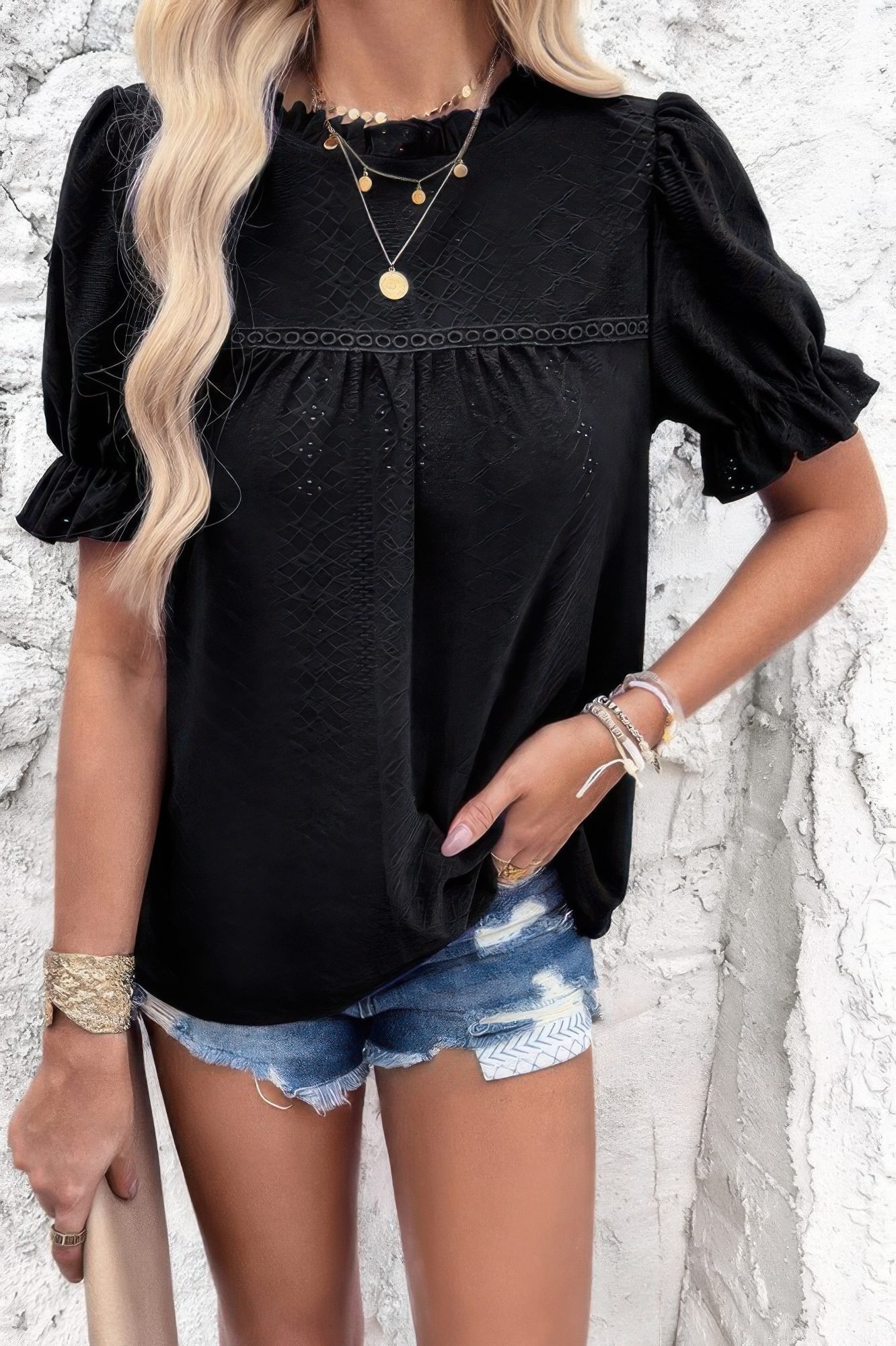 Round Neck Embroidery Ruffle Sleeve Loose Fit Shirt