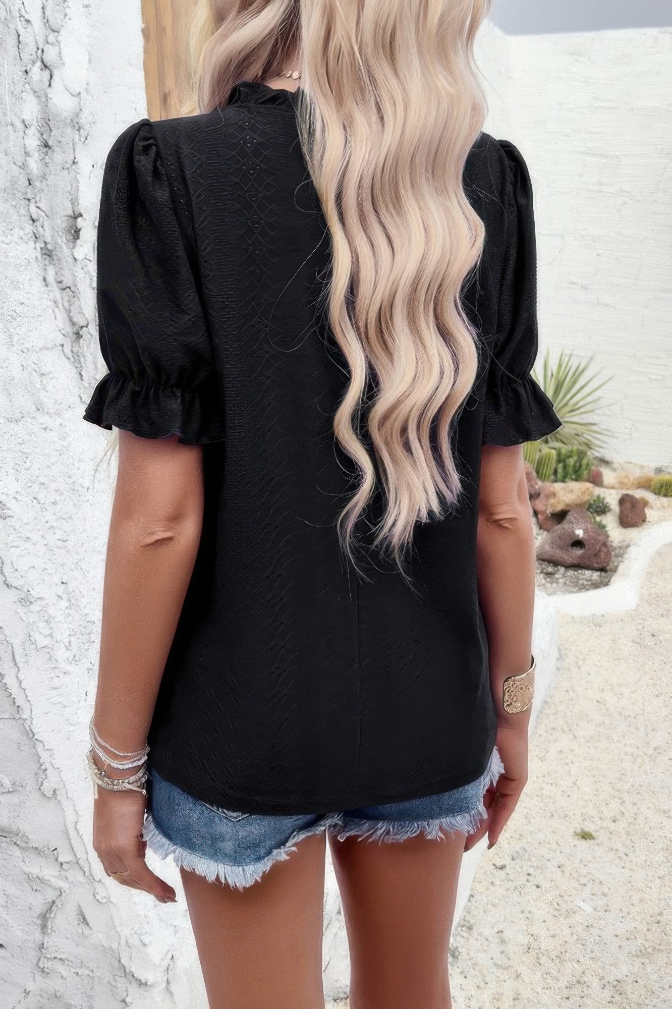 Round Neck Embroidery Ruffle Sleeve Loose Fit Shirt