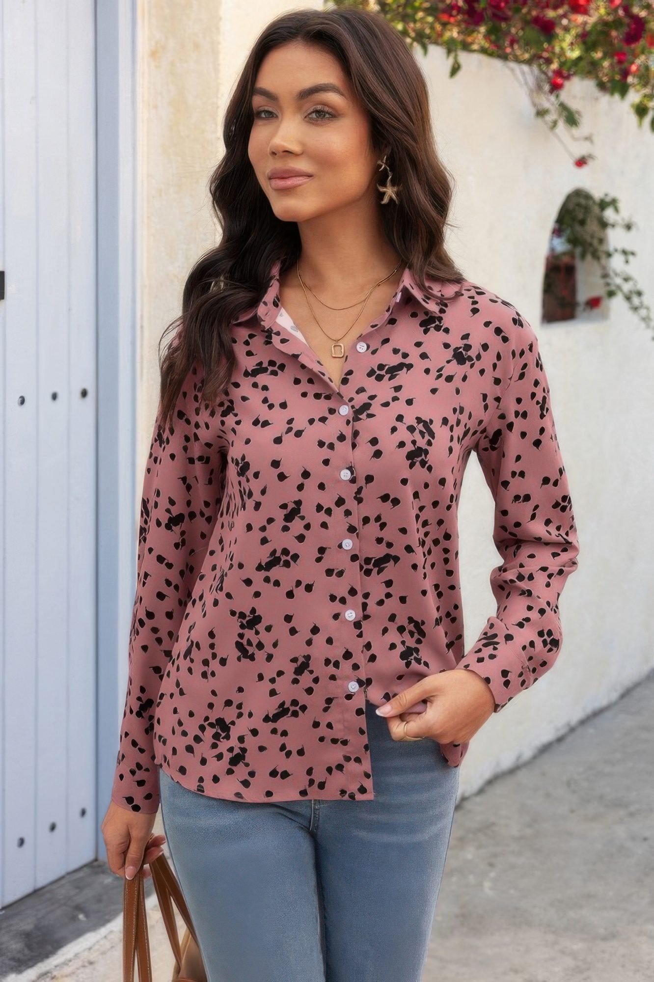 Allover Print V Neck Button Down Loose Blouse