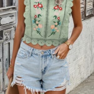 Sleeveless Floral Embroidery Guipure Lace Blouse