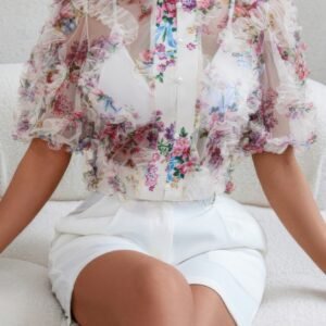 Allover Print See Through Collar Puff Sleeve Shirt
