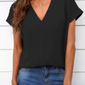 Solid V Neck Short Sleeve Loose Fit Shirt