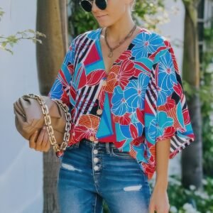V Neck Button Kimono Sleeve Top