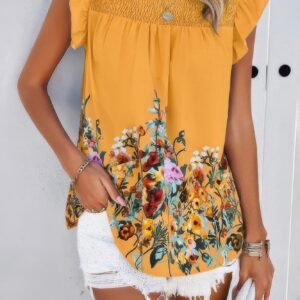 Floral Print Round Neck Ruched Loose Fit Top