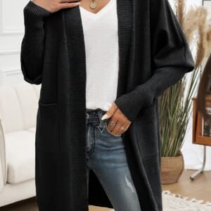 Knit Open Front Bishop Sleeves Pockets Cardigan