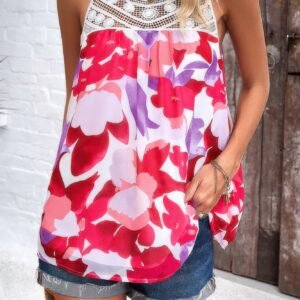 Floral Print Lace Trim Sleeveless Loose Pleated Top
