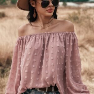 Off Shoulder Swiss Dot Long Sleeve Loose Top