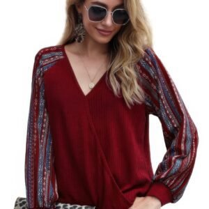 Color Block Deep V Neck Raglan Sleeve Wrap Top