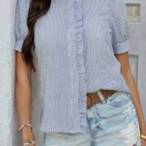 Stripe Button Down Ruffled Front Trim Shirt