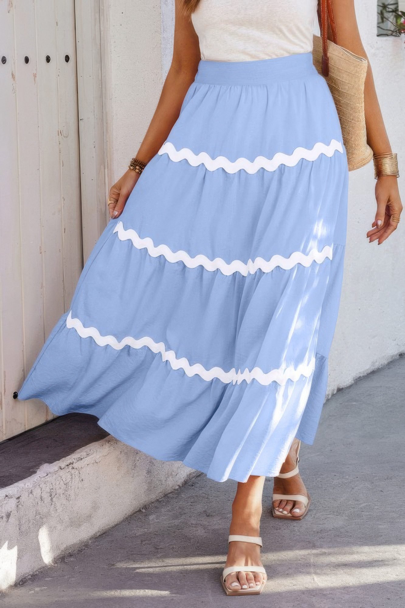 Waves Print Pleated Elastic Waist Band Skirt